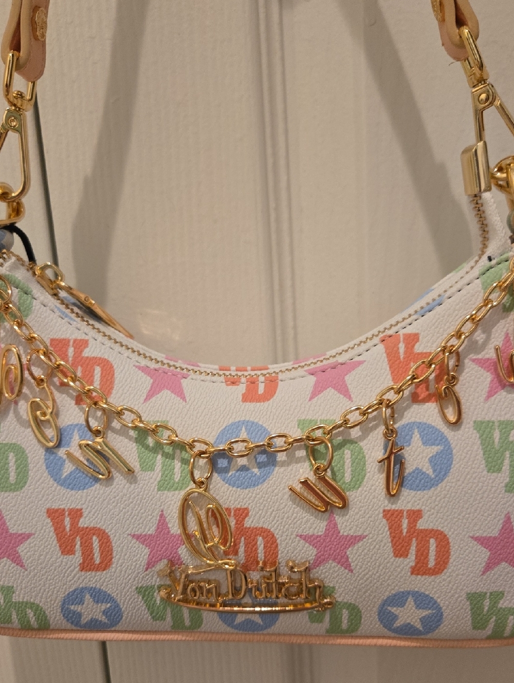 Von Dutch White Mini Shoulder Bag with Pastel Multicolor Logo NWT - Picture 1 of 5